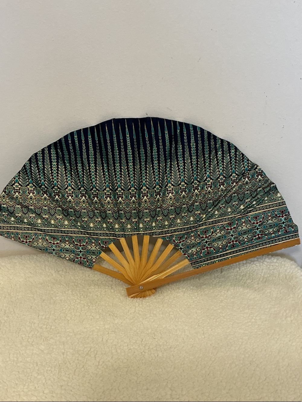 Lovely Decorative Hand Fan with Teal and Navy Geometric Pattern